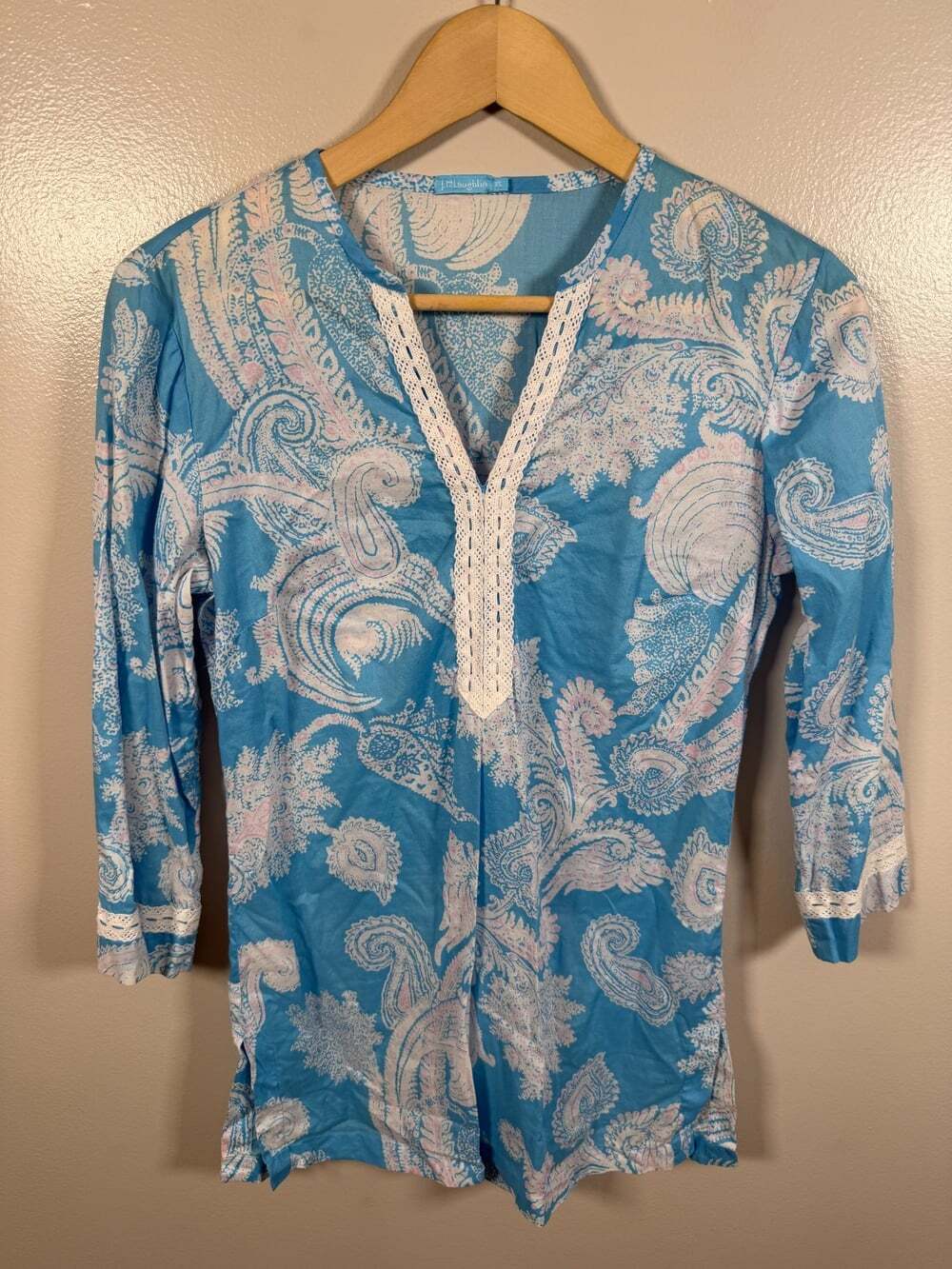 J. Mclaughlin Tunic Top Size XS Blue Paisley 100% Cotton Vacation Palm Beach